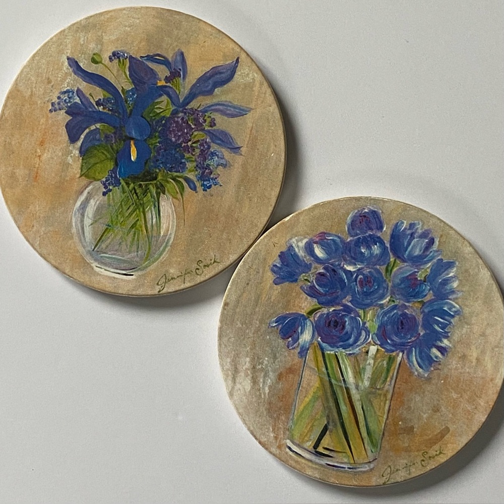 Coasterstone Stone Coasters Blue Flowers Set Of 2 Absorbing Cork Back Wine Drink